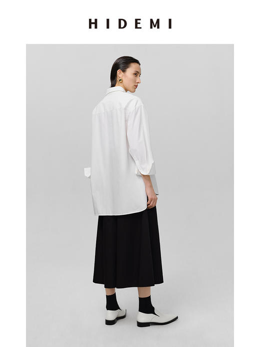 HIDEMI 极简剪刀领宽松廓形水洗棉衬衫 白色/灰雾绿 商品图3