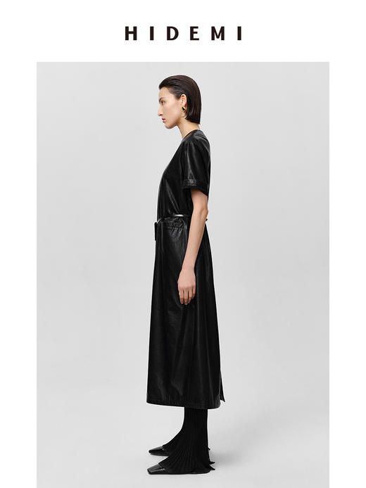 HIDEMI 极简翻领立领廓形口袋环保皮连衣裙皮裙 商品图3