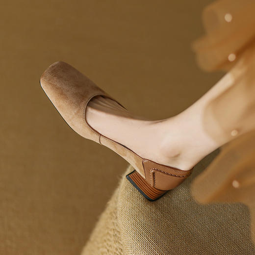拼色翻皮方头复古，高跟深口单鞋LD-6262 商品图0