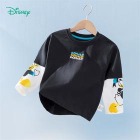 迪士尼童装男童长袖T恤秋季中大童洋气潮搭DUCK假两件上衣223S1736