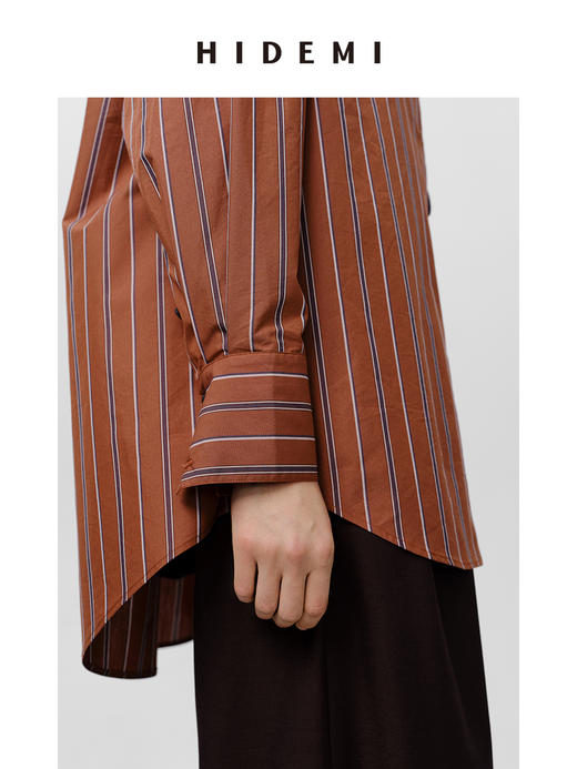 HIDEMI 砖红色色织条纹极简廓形剪刀领衬衫 商品图11