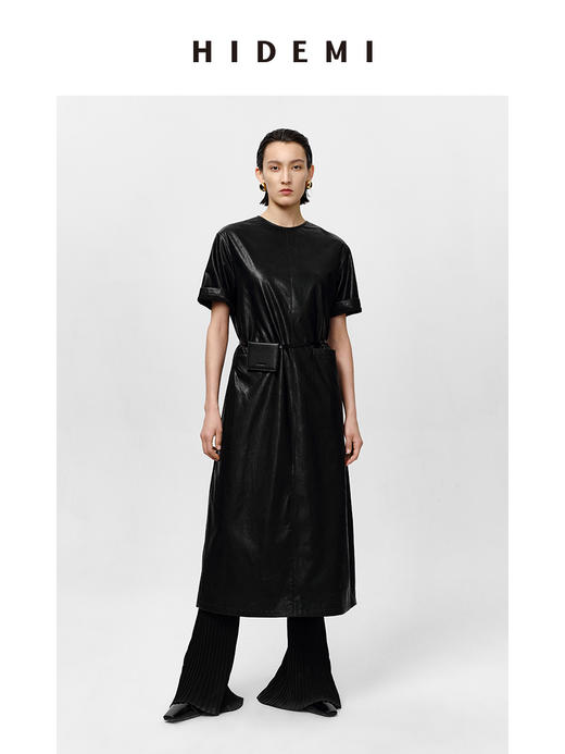 HIDEMI 极简翻领立领廓形口袋环保皮连衣裙皮裙 商品图1