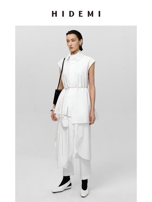 HIDEMI 极简不对称剪裁翻领设计感无袖衬衫 商品图2