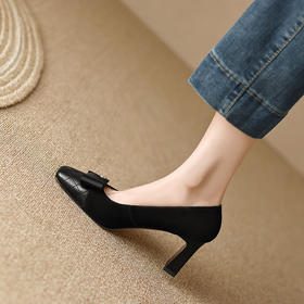 仙女风方头蝴蝶结单鞋女，羊翻皮拼接粗跟温柔鞋中跟杏色鞋LD-6266