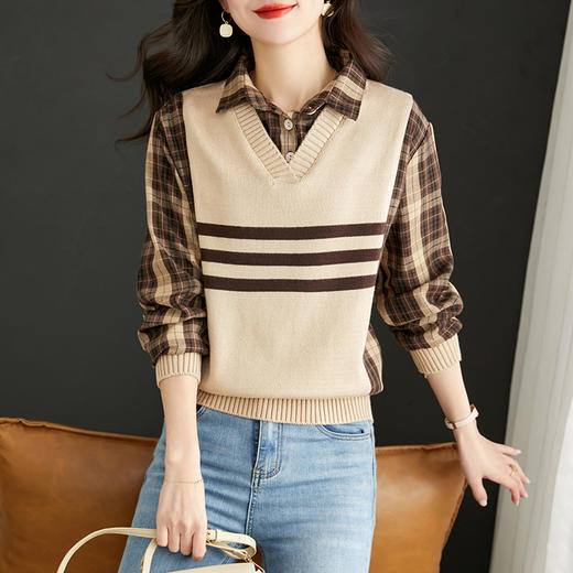 清新减龄，翻领拼接格纹假两件衬衫HR-LDSB232 商品图1