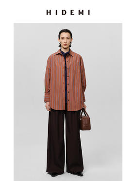 HIDEMI 砖红色色织条纹极简廓形剪刀领衬衫