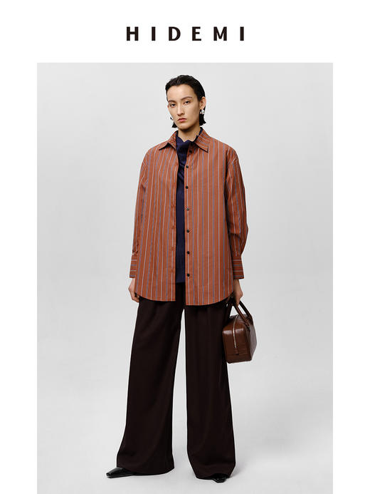 HIDEMI 砖红色色织条纹极简廓形剪刀领衬衫 商品图2