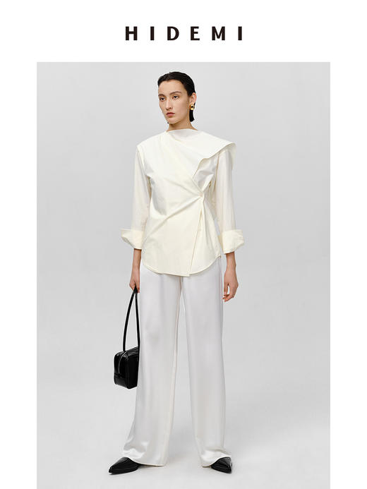 HIDEMI 不规则丝巾领纽扣设计感衬衫 奶油米/沙丘灰 商品图4