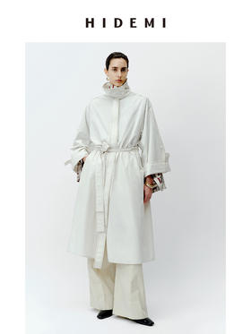 HIDEMI 极简设计感明线廓形立领腰带式长款水洗棉风衣
