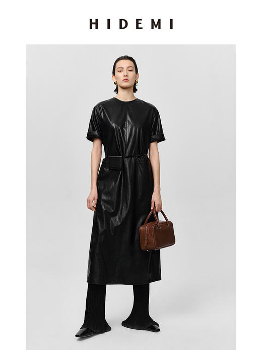 HIDEMI 极简翻领立领廓形口袋环保皮连衣裙皮裙 商品图5