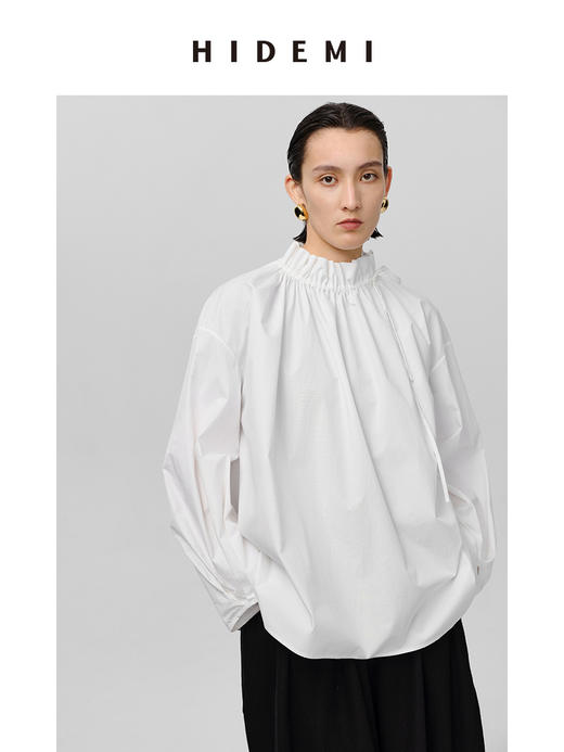 HIDEMI 花苞极简廓形抽绳褶皱设计感衬衫 黑色/白色 商品图6