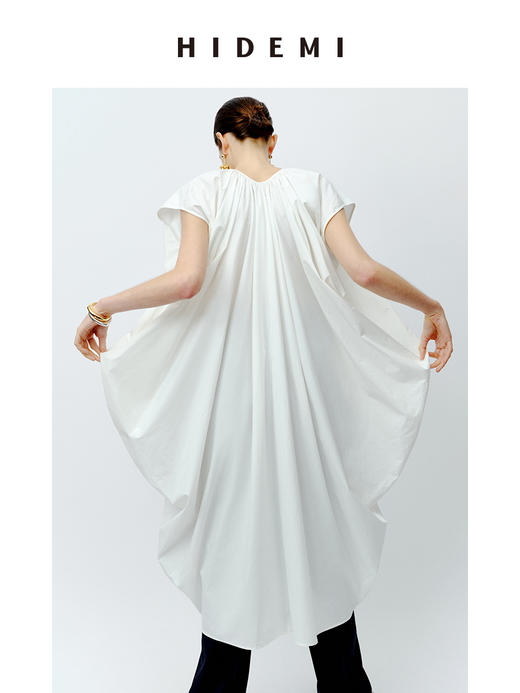 HIDEMI 抽绳立体褶皱设计感大茧型系带衬衫连衣裙 白色/黑色 商品图9