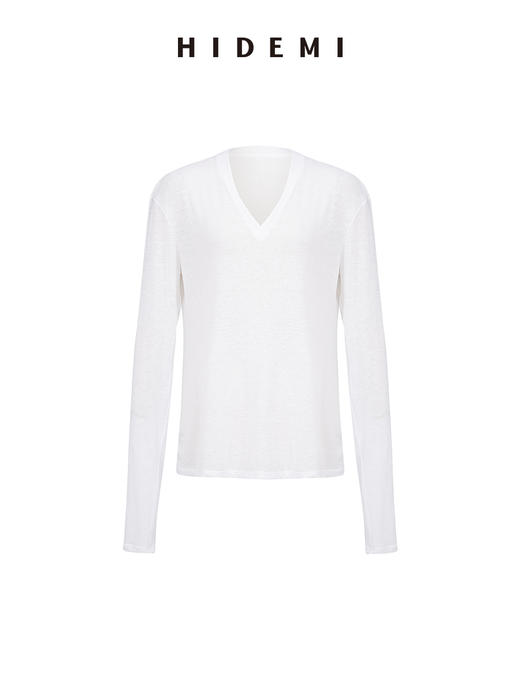 HIDEMI 柔顺云朵感清透V领超显瘦长袖薄针织T恤上衣 黑色/灰色/白色 商品图10