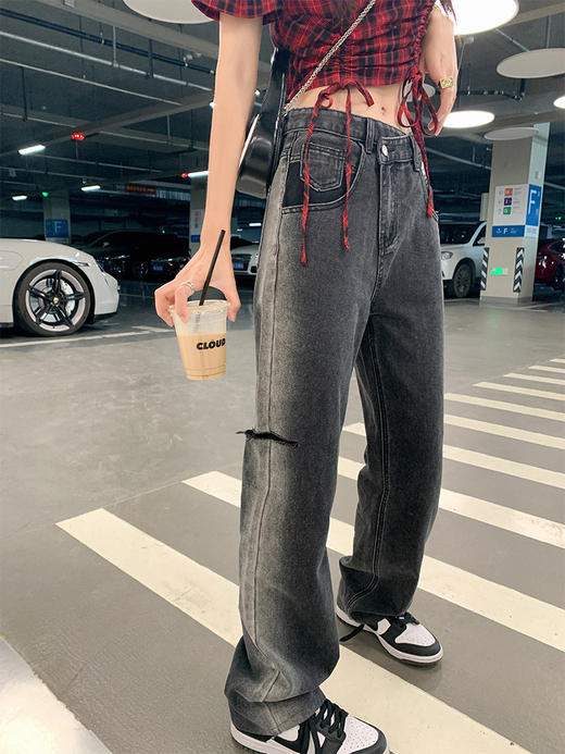 <曾小咸推荐>巨折清仓秒杀，稀有现货24小时发【仅限今日】 曾小咸女装烟灰色破洞牛仔裤女夏季薄款直筒宽松高腰垂感阔腿长裤 商品图5