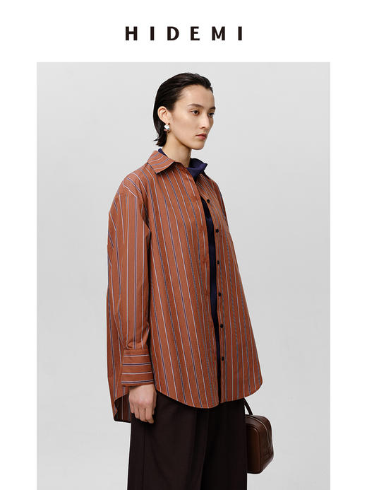 HIDEMI 砖红色色织条纹极简廓形剪刀领衬衫 商品图5
