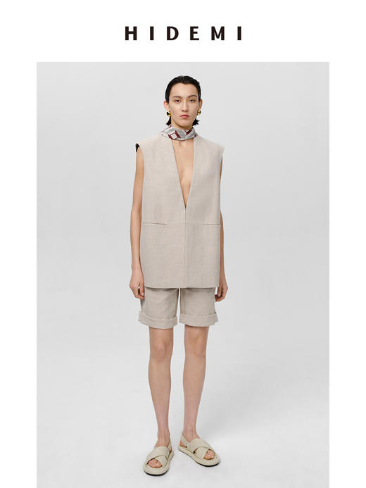 HIDEMI 极简V领原色自然亚麻西装系列套装 廓形马夹/西裤中短裤 商品图14