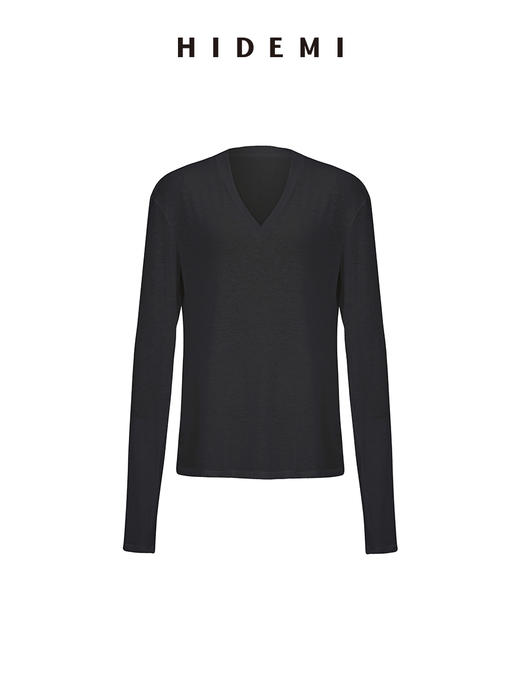 HIDEMI 柔顺云朵感清透V领超显瘦长袖薄针织T恤上衣 黑色/灰色/白色 商品图11