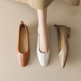 低跟米白色方头玛丽珍鞋，焦糖色平底鞋女软底浅口单鞋OFSM-6715