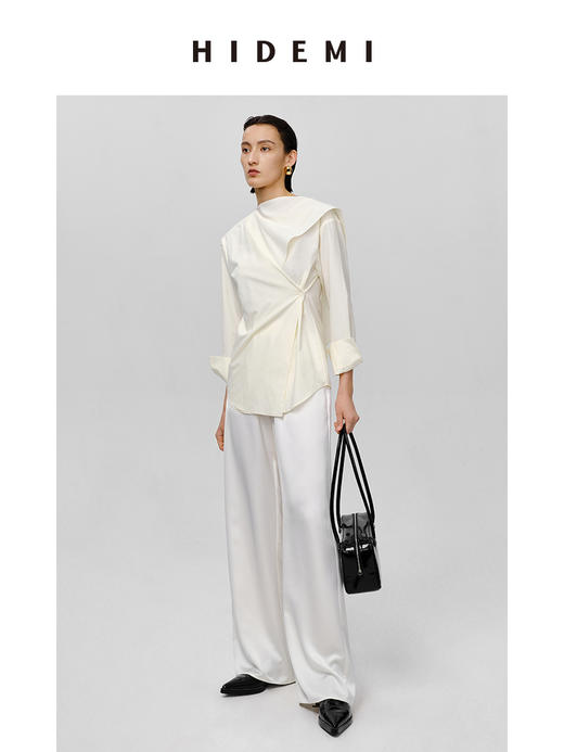 HIDEMI 不规则丝巾领纽扣设计感衬衫 奶油米/沙丘灰 商品图5