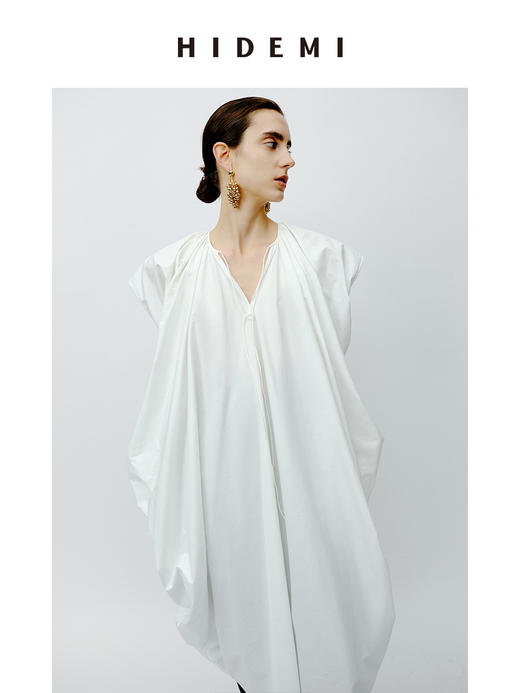 HIDEMI 抽绳立体褶皱设计感大茧型系带衬衫连衣裙 白色/黑色 商品图5