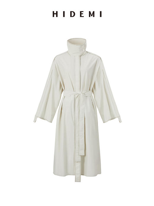 HIDEMI 极简设计感明线廓形立领腰带式长款水洗棉风衣 商品图11