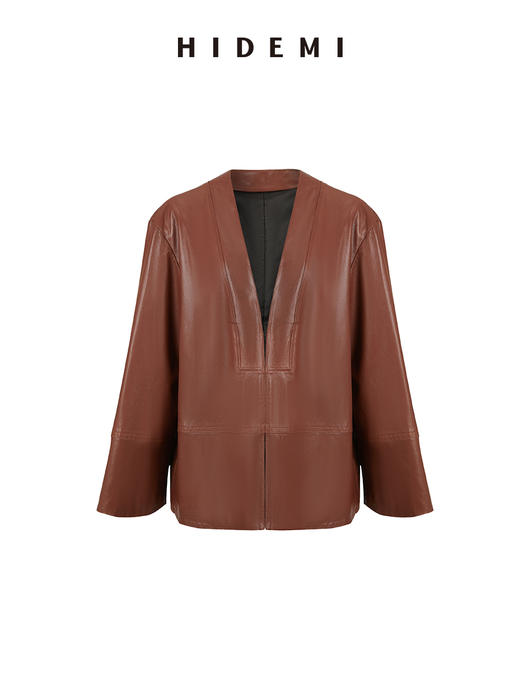HIDEMI 新西兰羊皮V领极简廓形西装皮衣外套 蜡感焦糖色/亚光黑色 商品图9