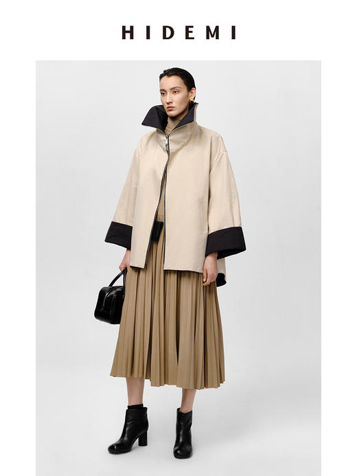 HIDEMI 黑色拼米色双层双面两穿拉链大廓形翻领外套 商品图3