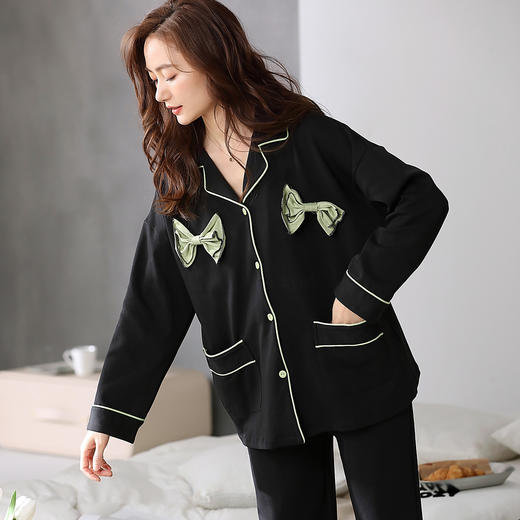 洁丽雅女士家居服套装V领涤棉长袖长裤可外穿睡衣女套装 商品图4