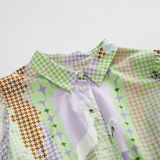 谜底衬衫式连衣裙2023春季新款复古印花中长款塔裙短袖231ML0058 商品图3