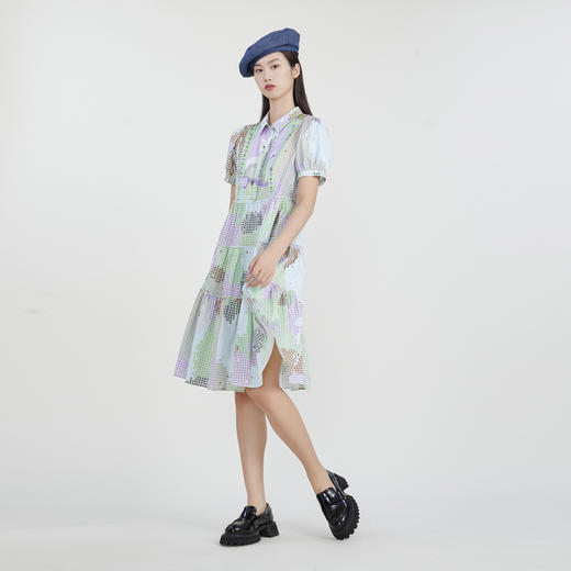谜底衬衫式连衣裙2023春季新款复古印花中长款塔裙短袖231ML0058 商品图1