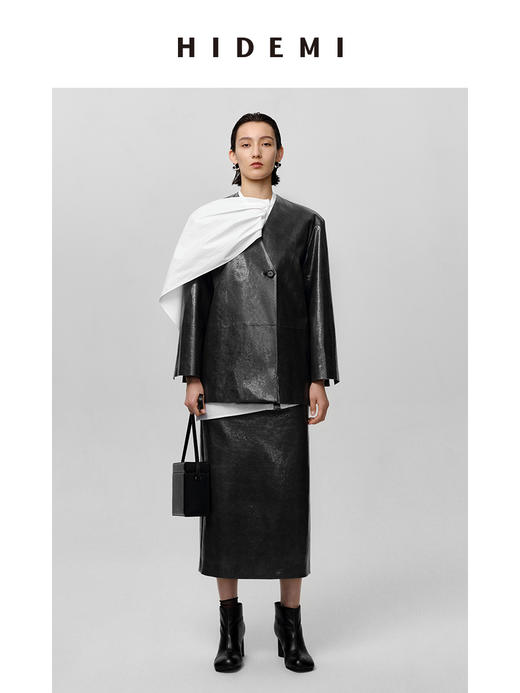 HIDEMI 特殊蜥蜴压纹V领宽肩大廓形极简西装 商品图3