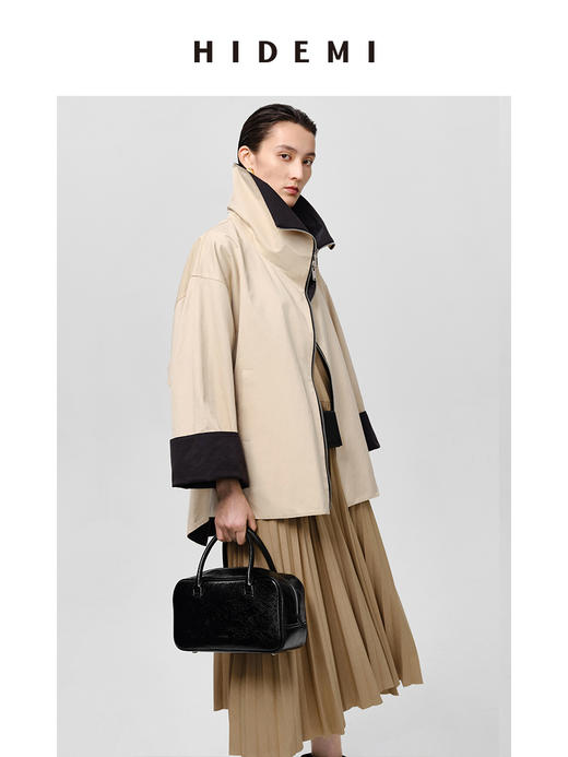 HIDEMI 黑色拼米色双层双面两穿拉链大廓形翻领外套 商品图2