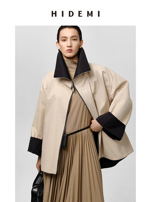 HIDEMI 黑色拼米色双层双面两穿拉链大廓形翻领外套 商品图12
