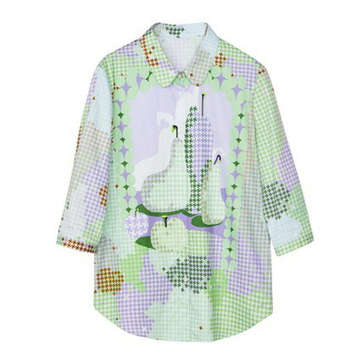 谜底合体花色衬衫女23春季新款复古印花修身衬衣七分袖231MC0036 商品图4