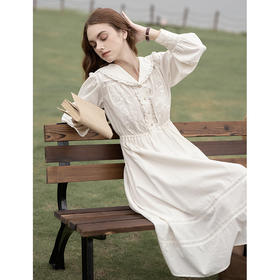 SimpleRetro高支全棉维多利亚法式连衣裙女春刺绣花边收腰A字长裙