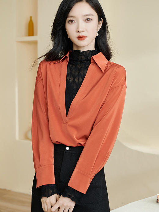 剩XL 米思阳2024春季新款时尚上衣套装半高领内搭纯色衬衫两件套女0127 商品图2