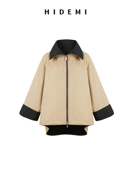 HIDEMI 黑色拼米色双层双面两穿拉链大廓形翻领外套 商品图14