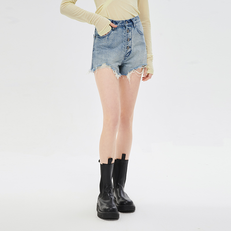 Self Whoins风时髦百搭高腰猫须流苏洗水撞色浅蓝色牛仔短裤女