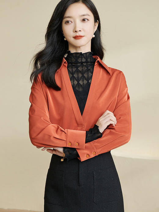 剩XL 米思阳2024春季新款时尚上衣套装半高领内搭纯色衬衫两件套女0127 商品图0