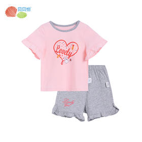 贝贝怡夏季新品女童短袖短裤套装爱心儿童分体两件套