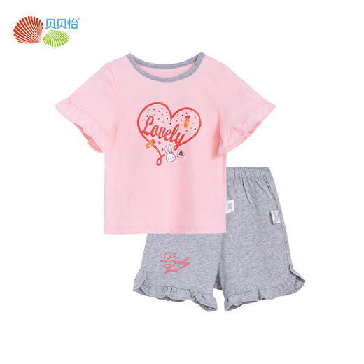 贝贝怡夏季新品女童短袖短裤套装爱心儿童分体两件套 商品图0