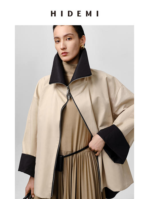 HIDEMI 黑色拼米色双层双面两穿拉链大廓形翻领外套 商品图13