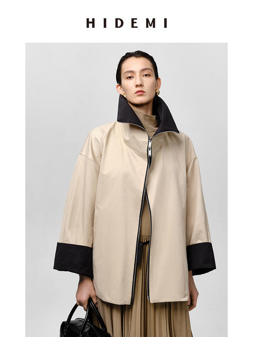 HIDEMI 黑色拼米色双层双面两穿拉链大廓形翻领外套 商品图7