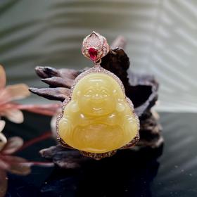 蜜蜡吊坠-S925银双层封底莲花佛公