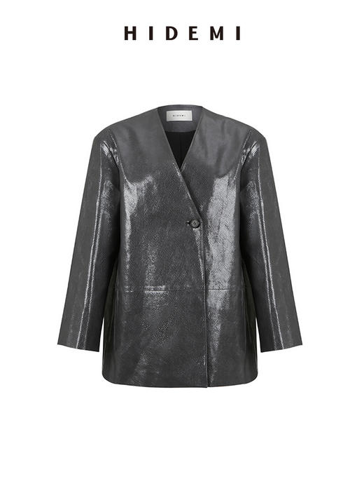 HIDEMI 特殊蜥蜴压纹V领宽肩大廓形极简西装 商品图13
