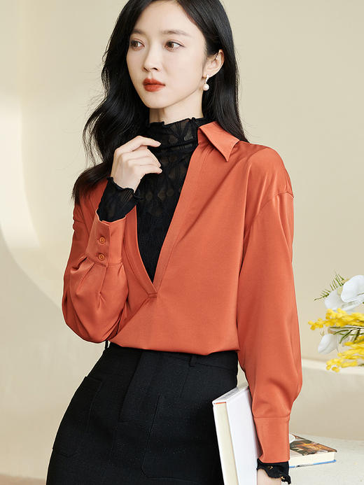 剩XL 米思阳2024春季新款时尚上衣套装半高领内搭纯色衬衫两件套女0127 商品图1