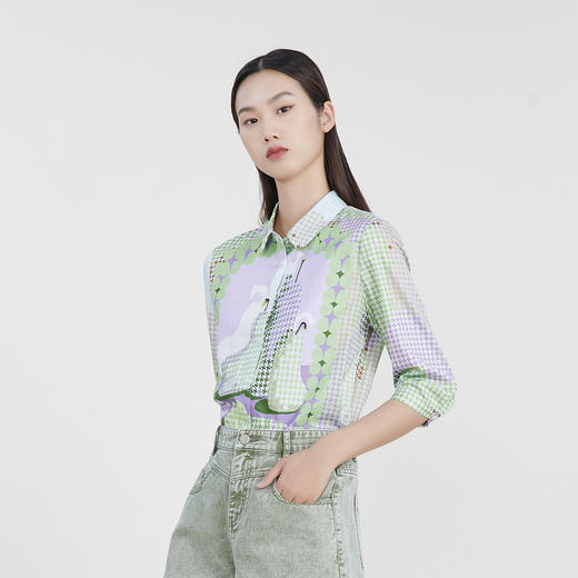 谜底合体花色衬衫女23春季新款复古印花修身衬衣七分袖231MC0036 商品图1