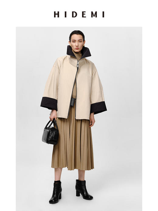 HIDEMI 黑色拼米色双层双面两穿拉链大廓形翻领外套 商品图1