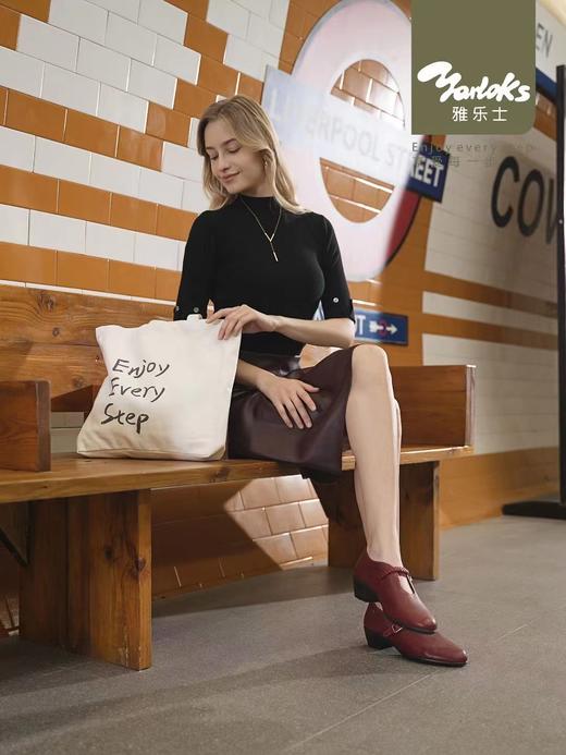 雅乐士女鞋轻奢鹿皮圆头编织扣带舒适日常中跟优雅单鞋 商品图0