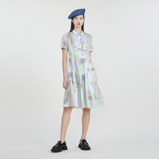 谜底衬衫式连衣裙2023春季新款复古印花中长款塔裙短袖231ML0058 商品图0